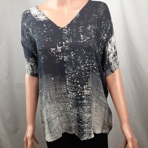 Vince flowy 100% silk v neck short sleeve top Black Grey Ivory L NWOT